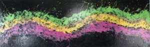 Breathing in Waves large black, magenta, green and yellow abstract painting with layered bands