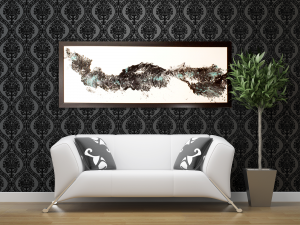 Getting There black, white and teal horizontal abstract painting above a modern sofa