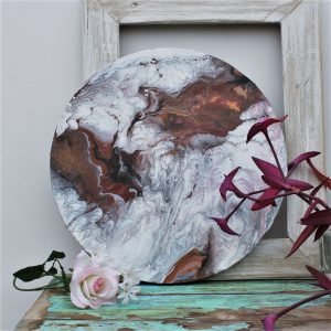 Autumn Storm round copper, brown, white and grey fluid abstract painting